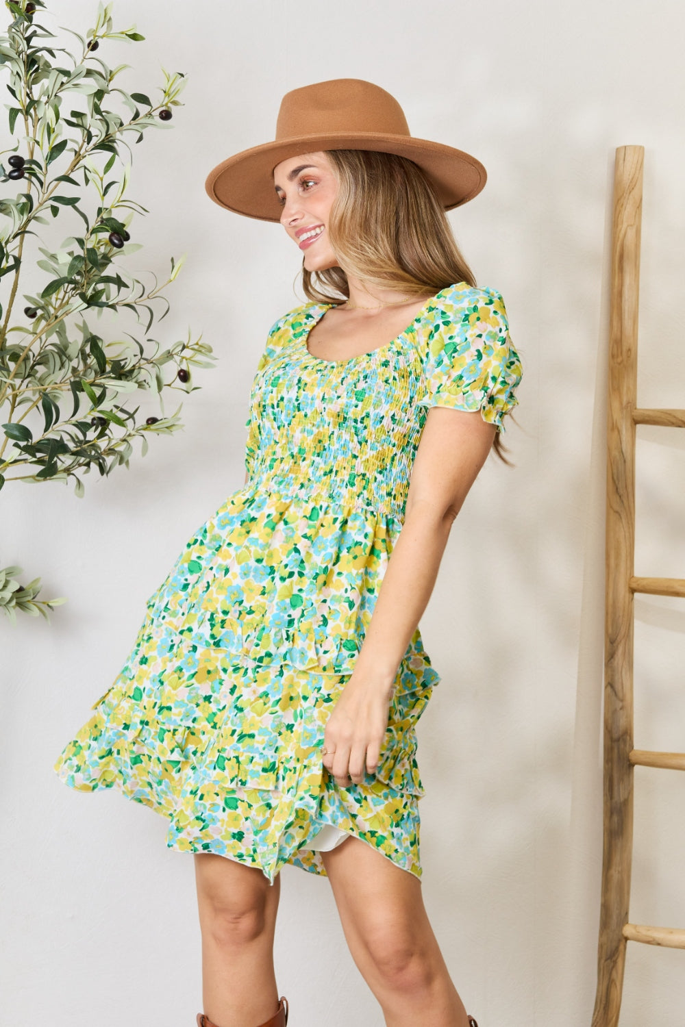 The Spring Flower Field Smocked Scoop Neck Flounce Sleeve Mini Dress