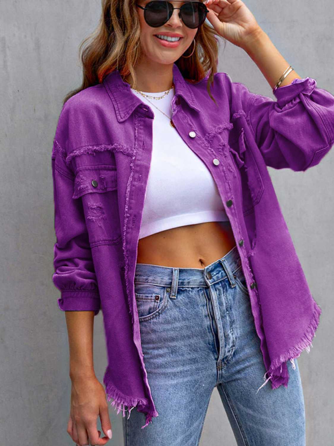 “The Colorette Distressed” Drop Shoulder Denim Jacket