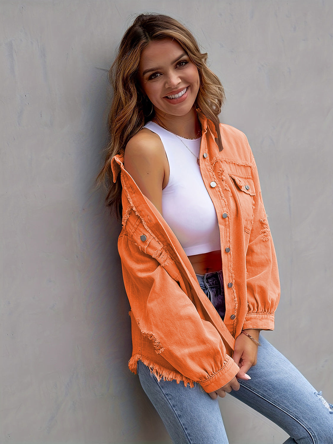 “The Colorette Distressed” Drop Shoulder Denim Jacket