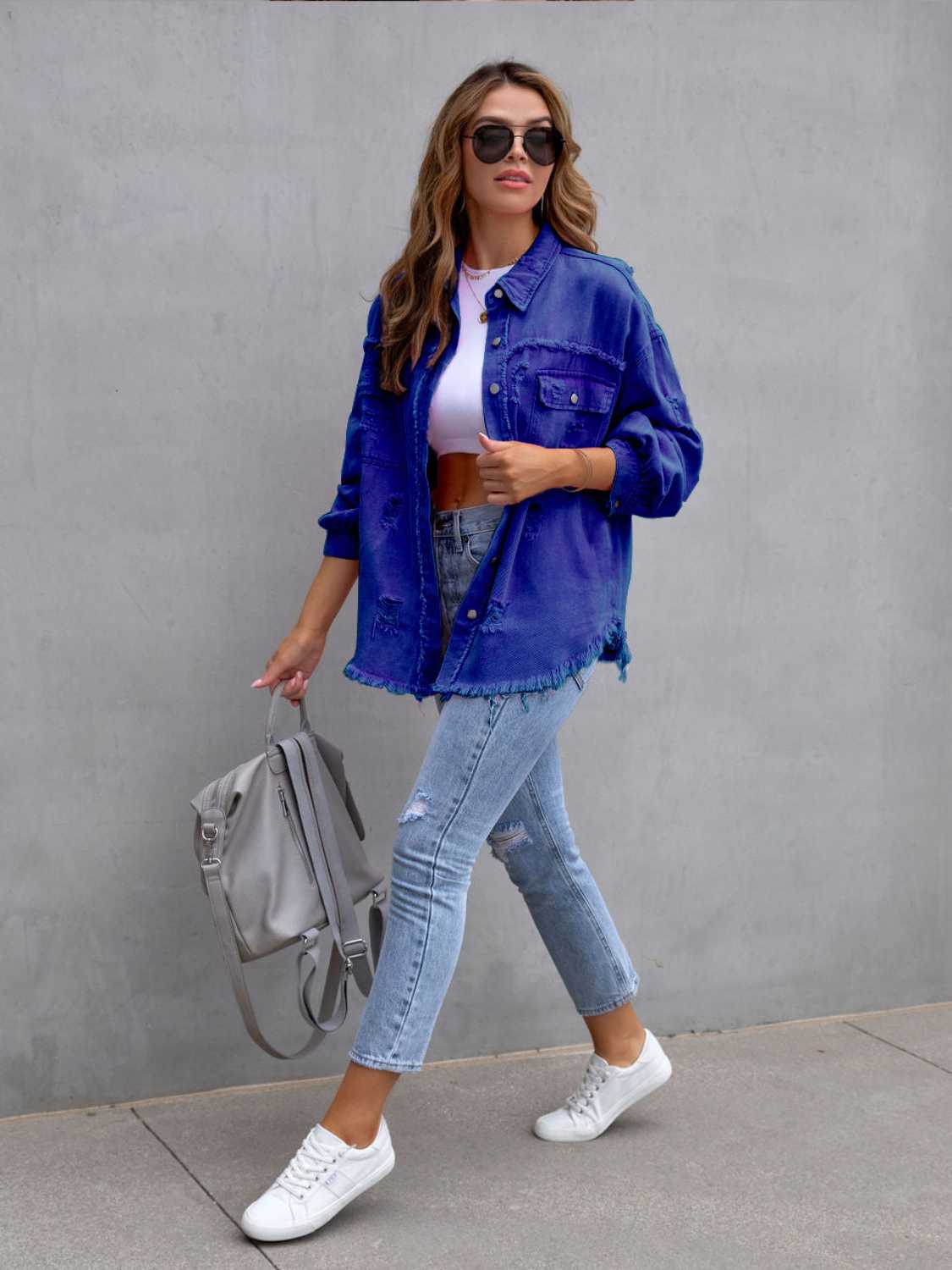 “The Colorette Distressed” Drop Shoulder Denim Jacket