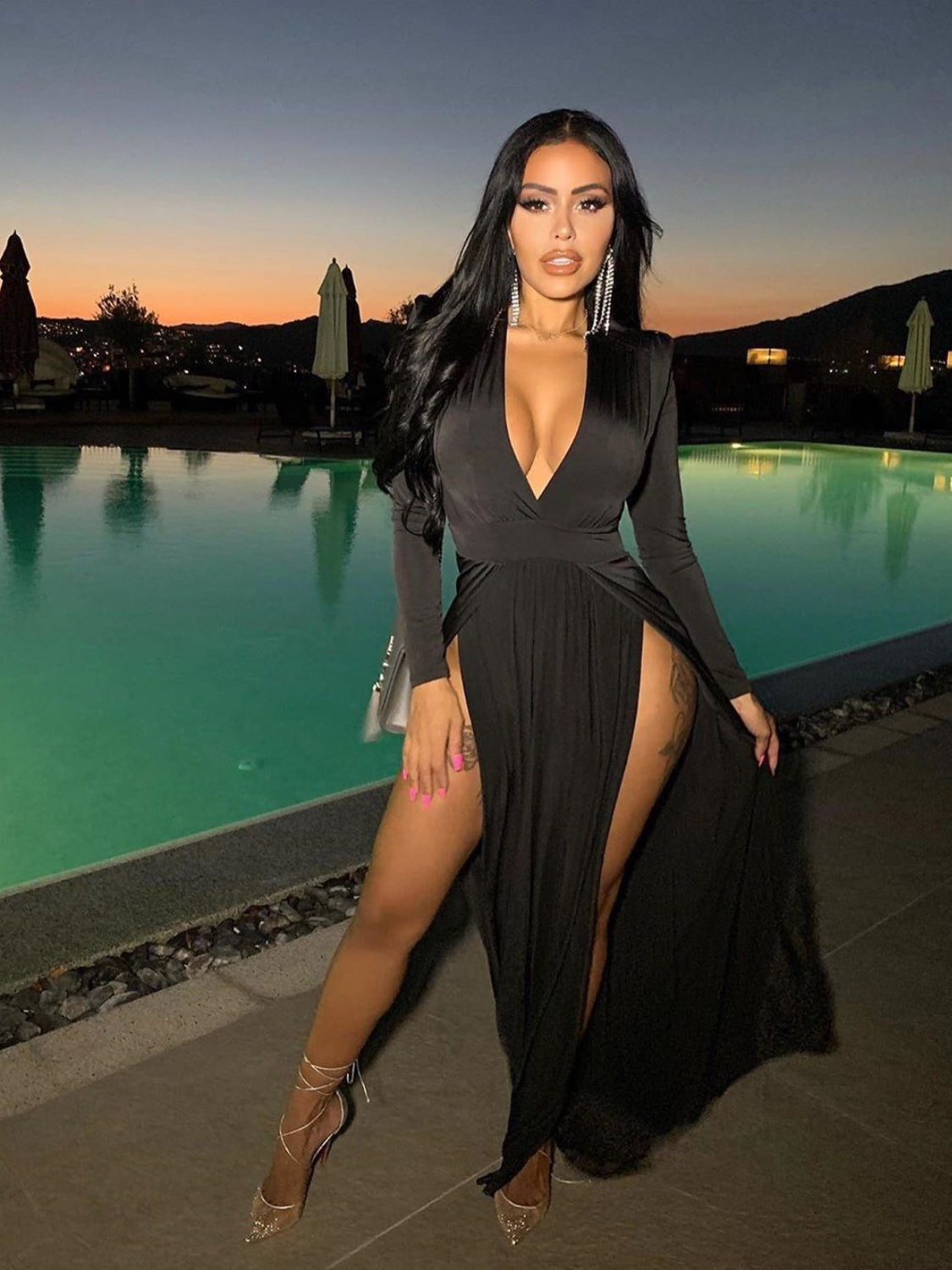 “The Quickie” Slit Plunge Long Sleeve Dress