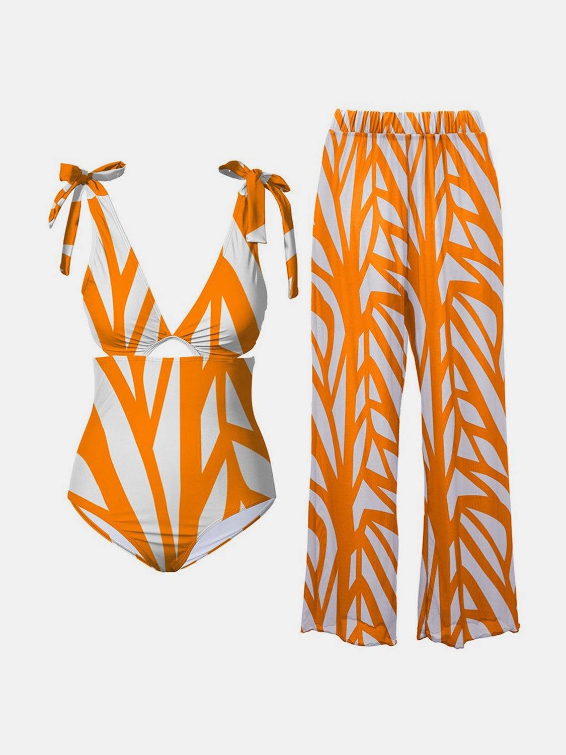 “The Poolchie” Printed Tie Shoulder Swimwear and Pants Swim Set