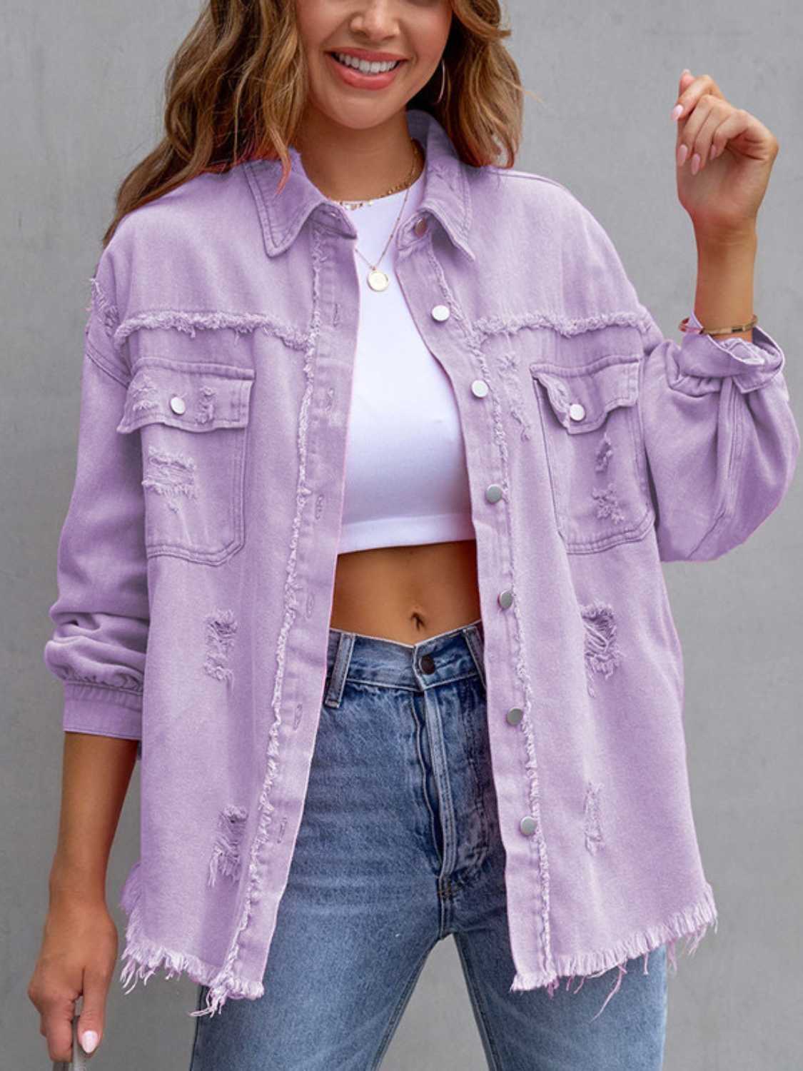 “The Colorette Distressed” Drop Shoulder Denim Jacket