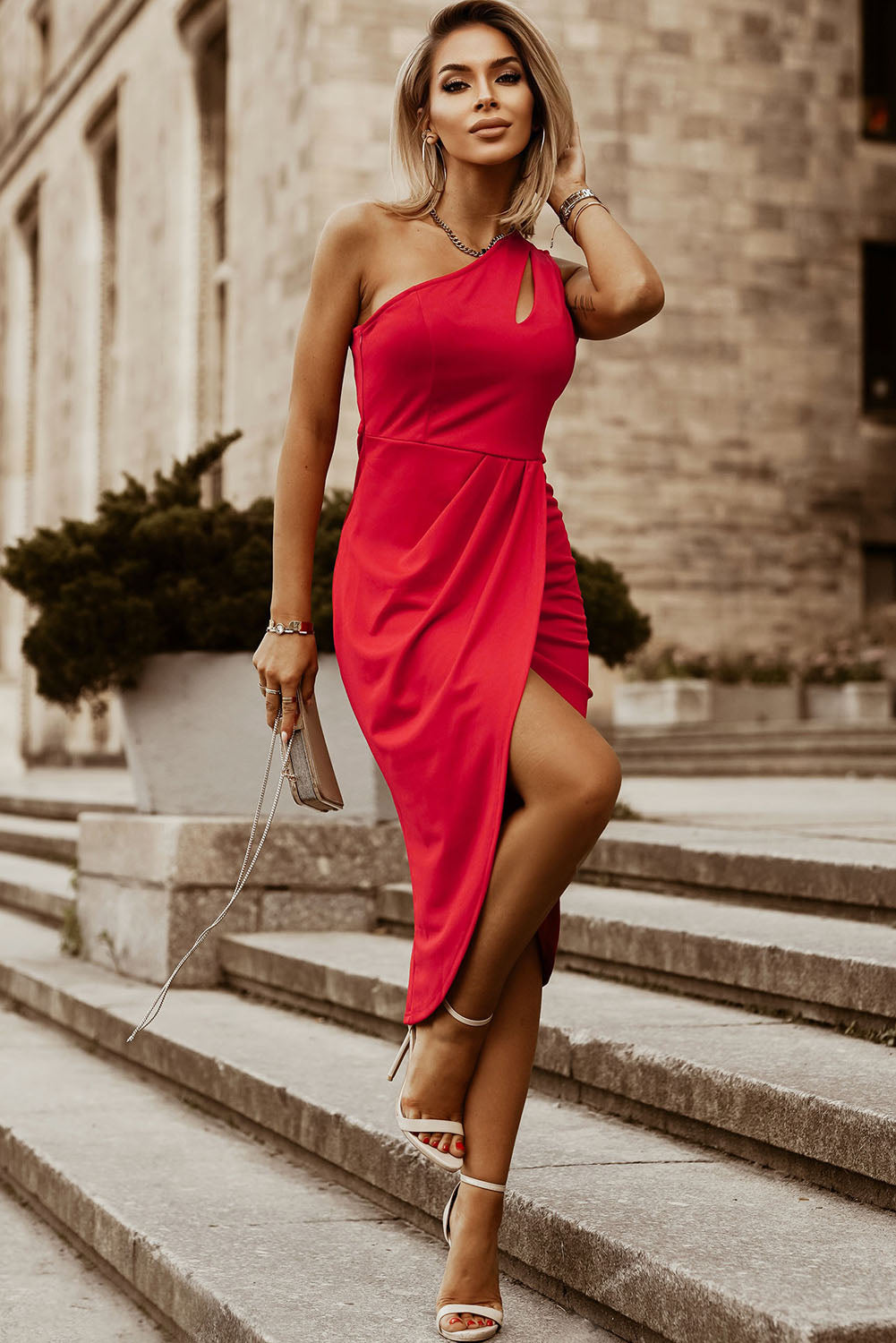 The Dramatic Flare Ruched Cutout Single Shoulder Dress
