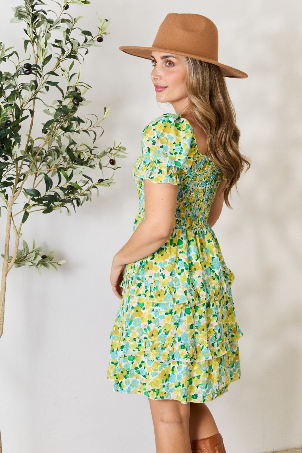 The Spring Flower Field Smocked Scoop Neck Flounce Sleeve Mini Dress