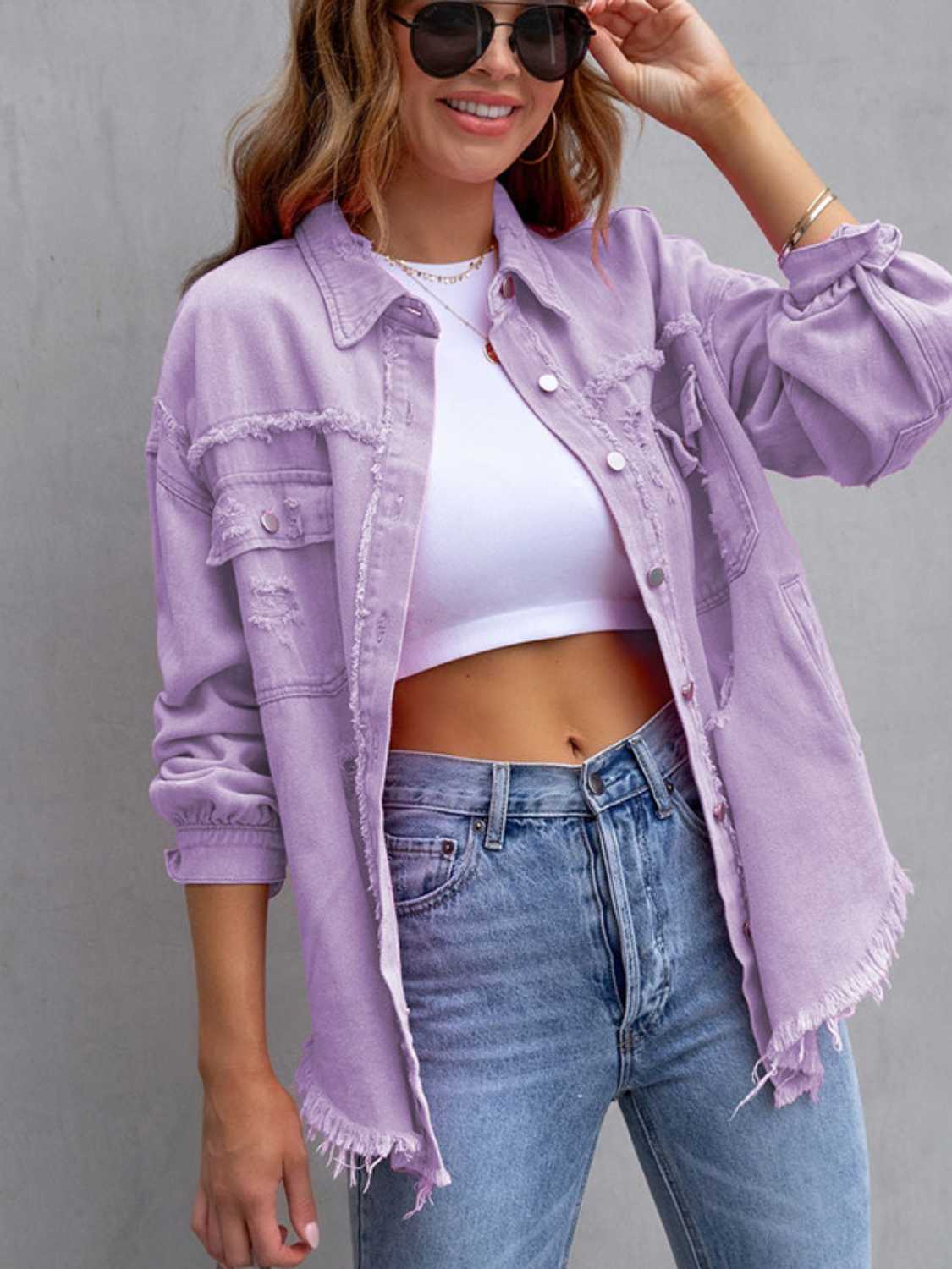 “The Colorette Distressed” Drop Shoulder Denim Jacket