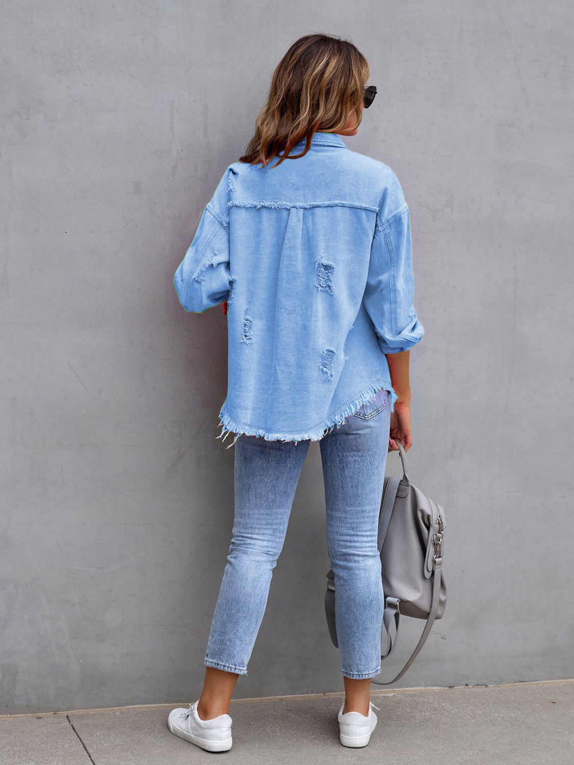 “The Colorette Distressed” Drop Shoulder Denim Jacket
