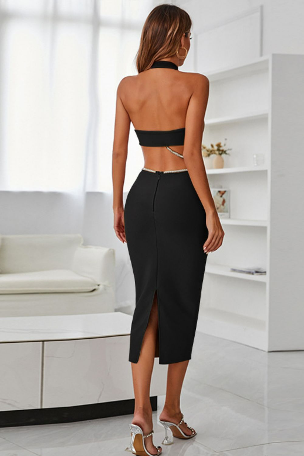 “The Remi” Rhinestone Halter Neck Cutout Slit Midi Dress