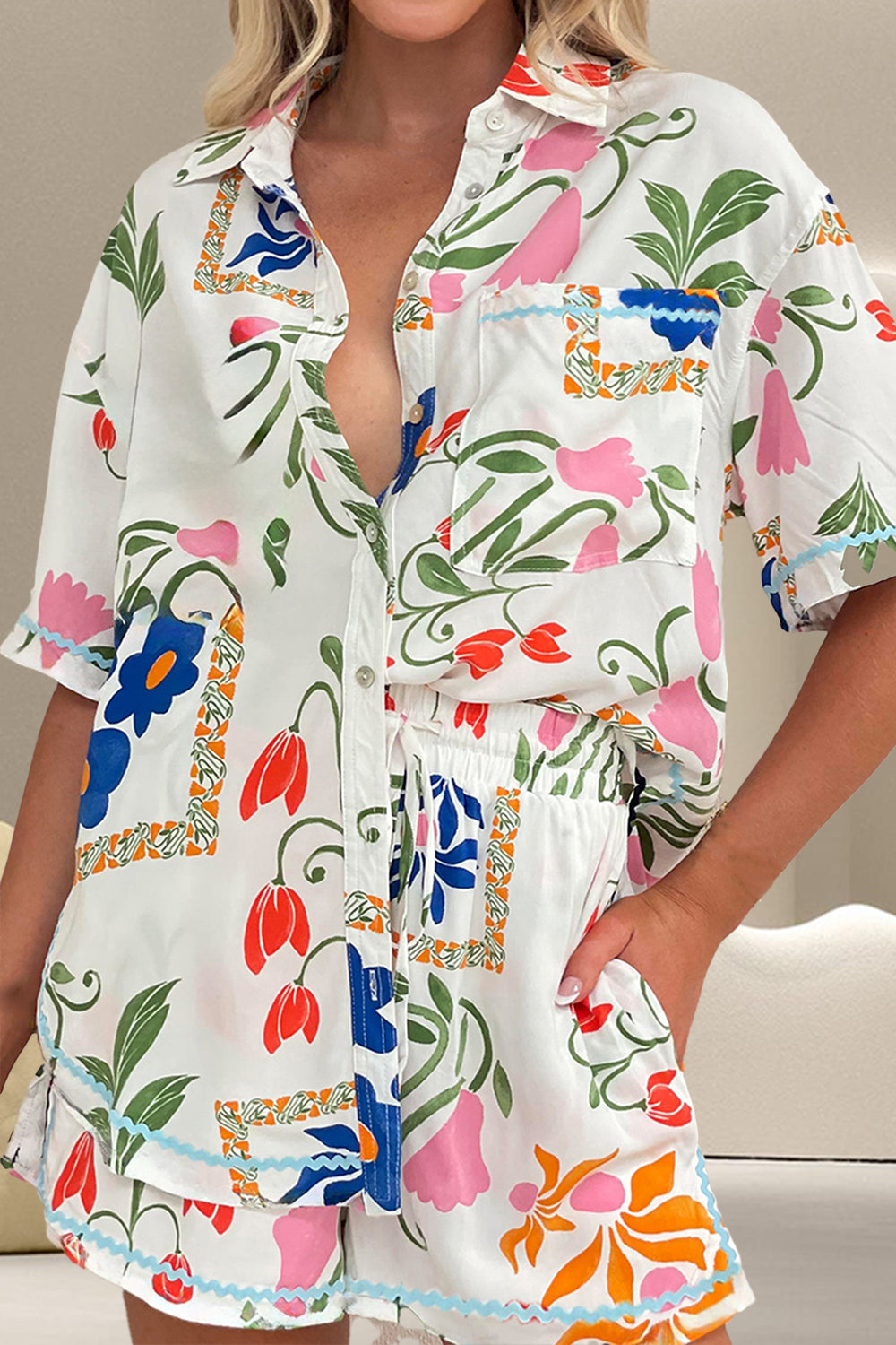 “The Puchi” Printed Button Up Half Sleeve Top and Shorts Set