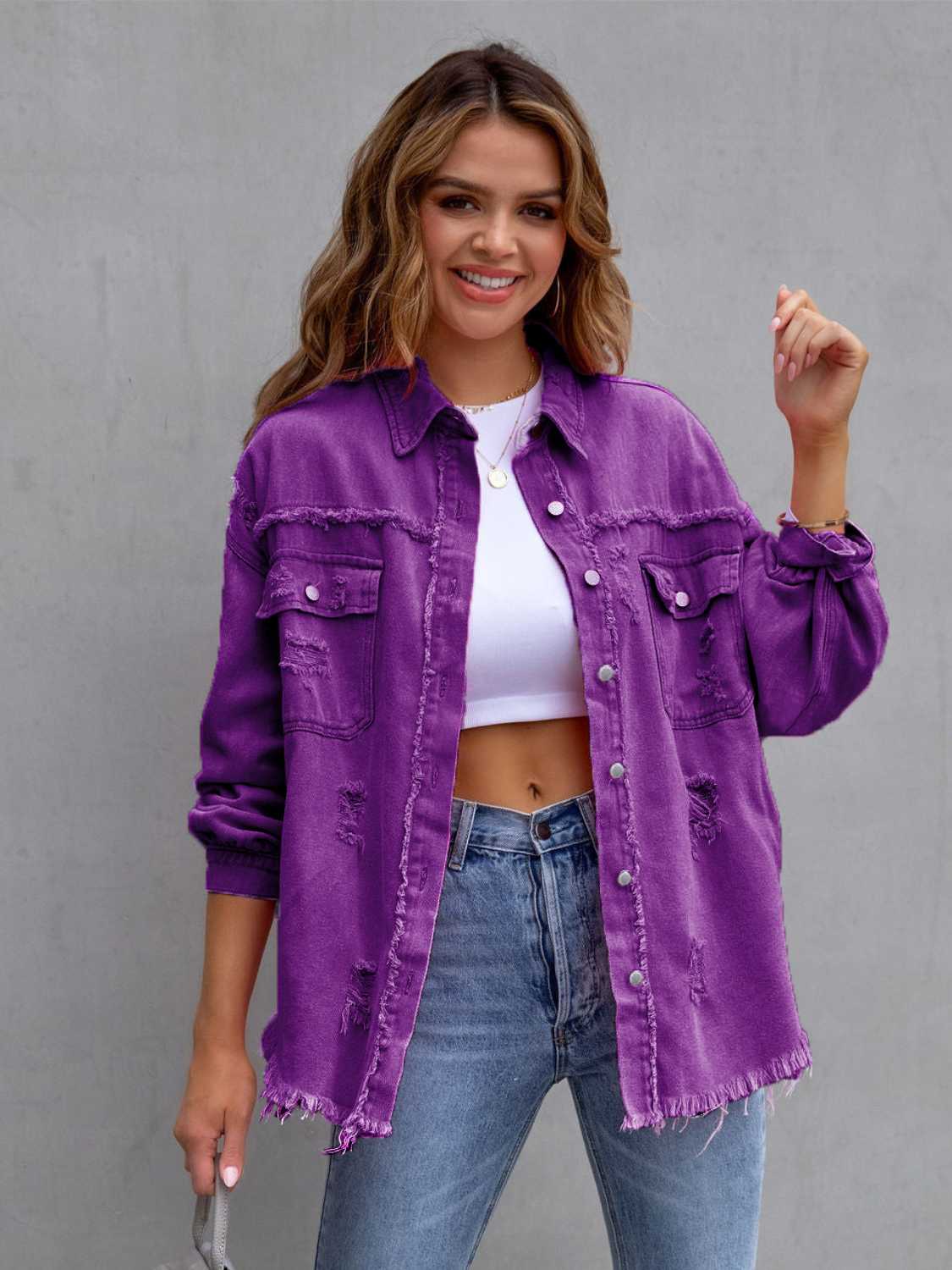 “The Colorette Distressed” Drop Shoulder Denim Jacket