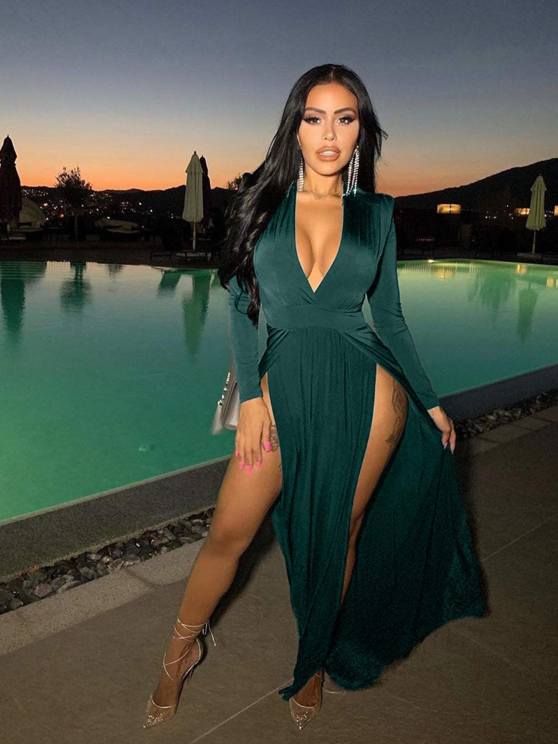 “The Quickie” Slit Plunge Long Sleeve Dress