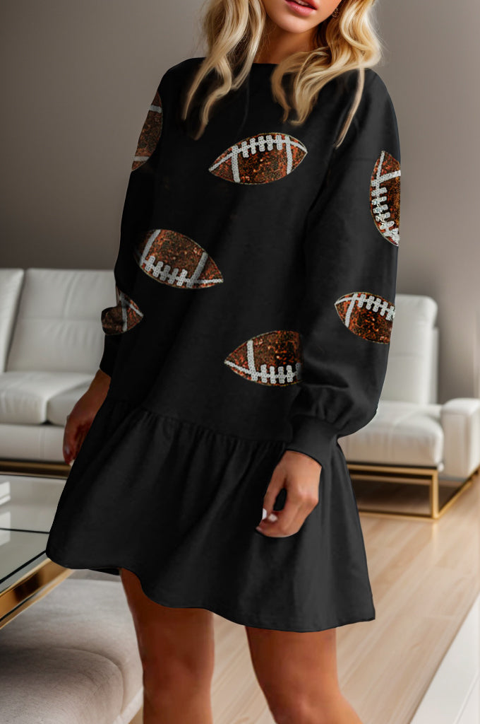 “The Football Babe” Sequin Round Neck Dropped Shoulder Mini Dress