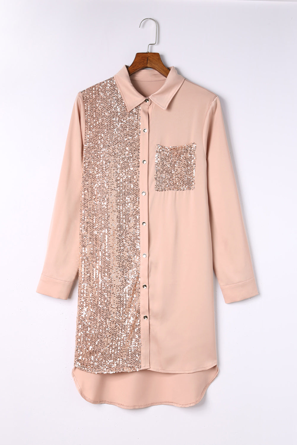 “The Truth” Sequin Button Front High-Low Shirt Dress