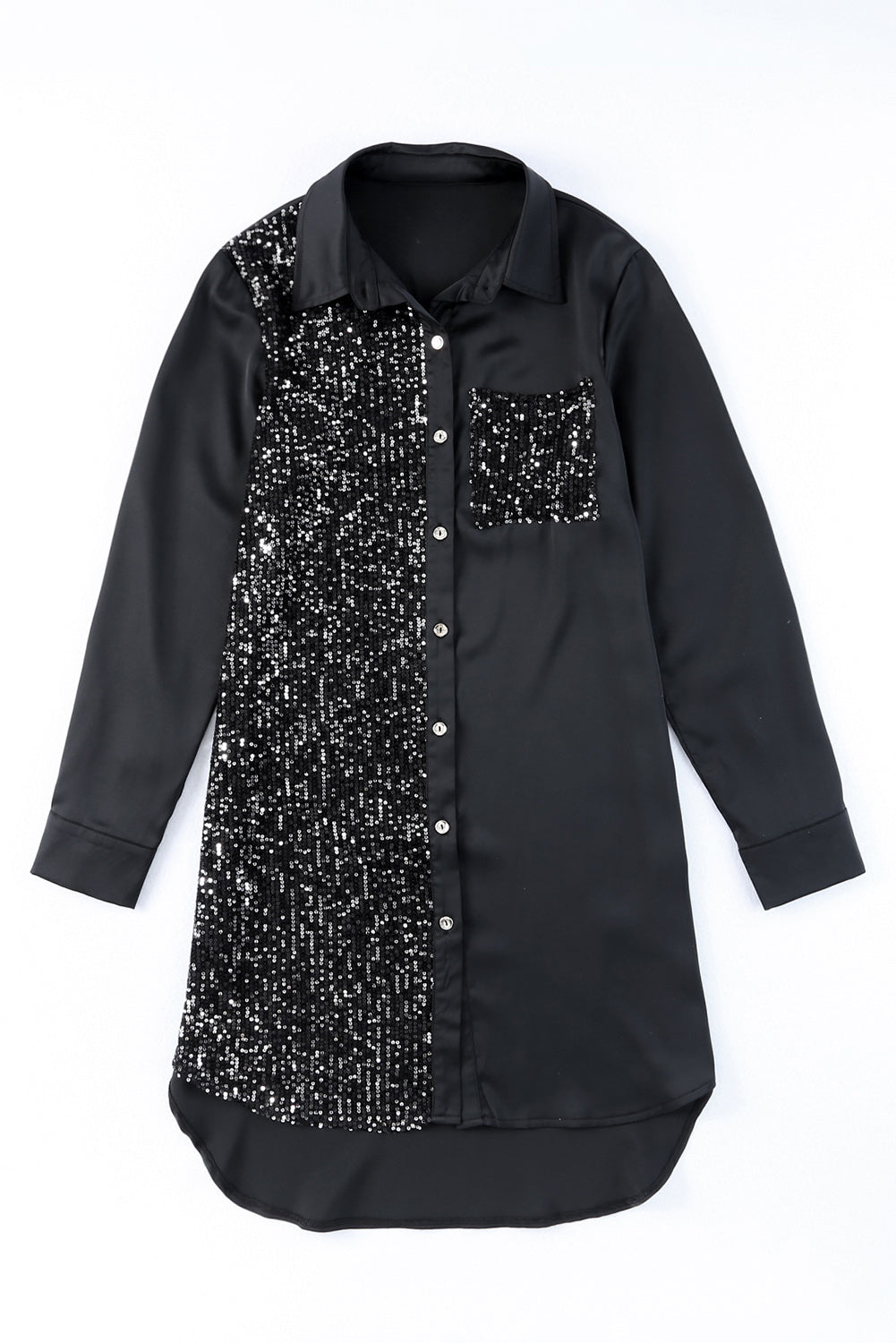 “The Truth” Sequin Button Front High-Low Shirt Dress