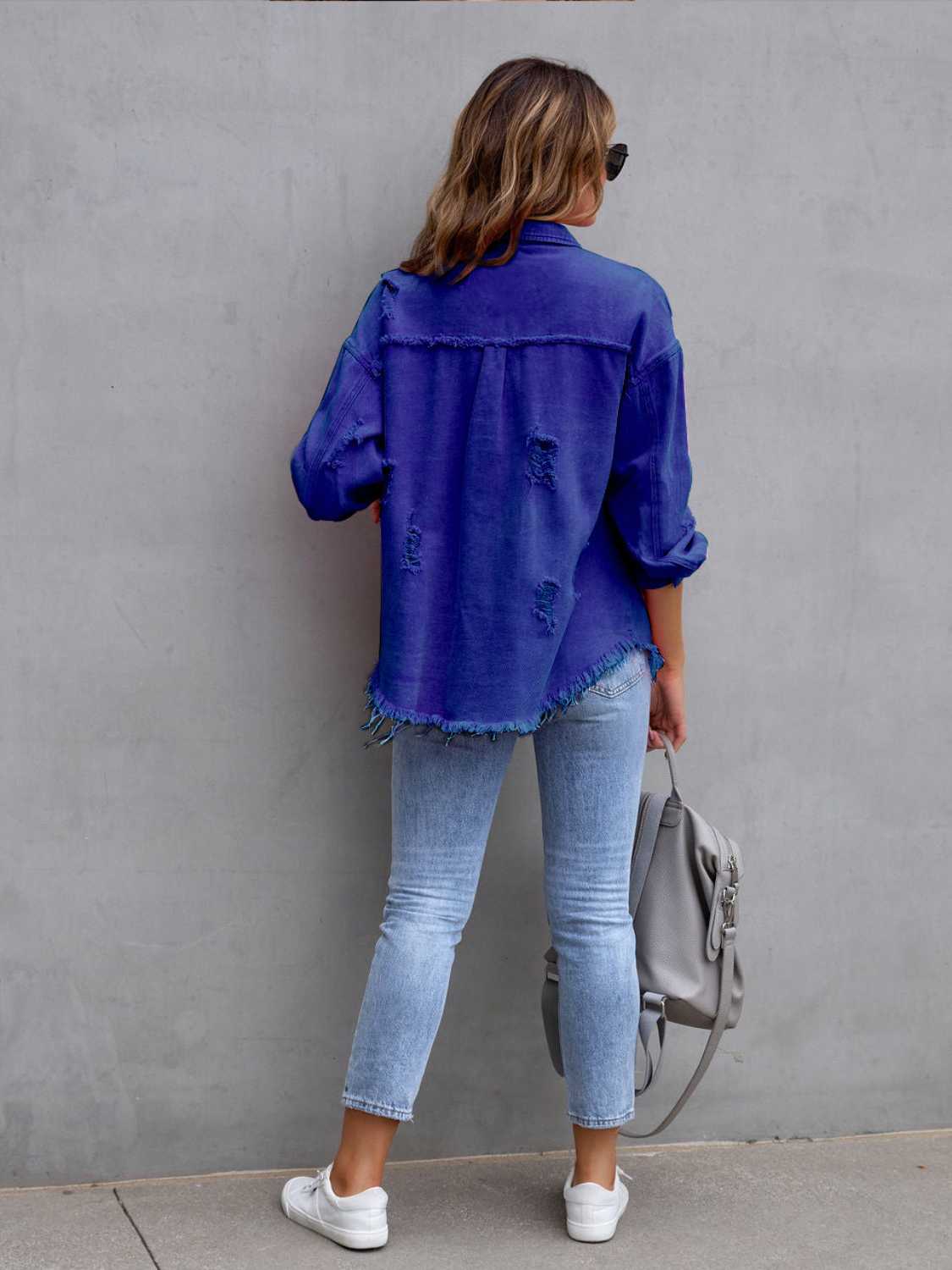 “The Colorette Distressed” Drop Shoulder Denim Jacket