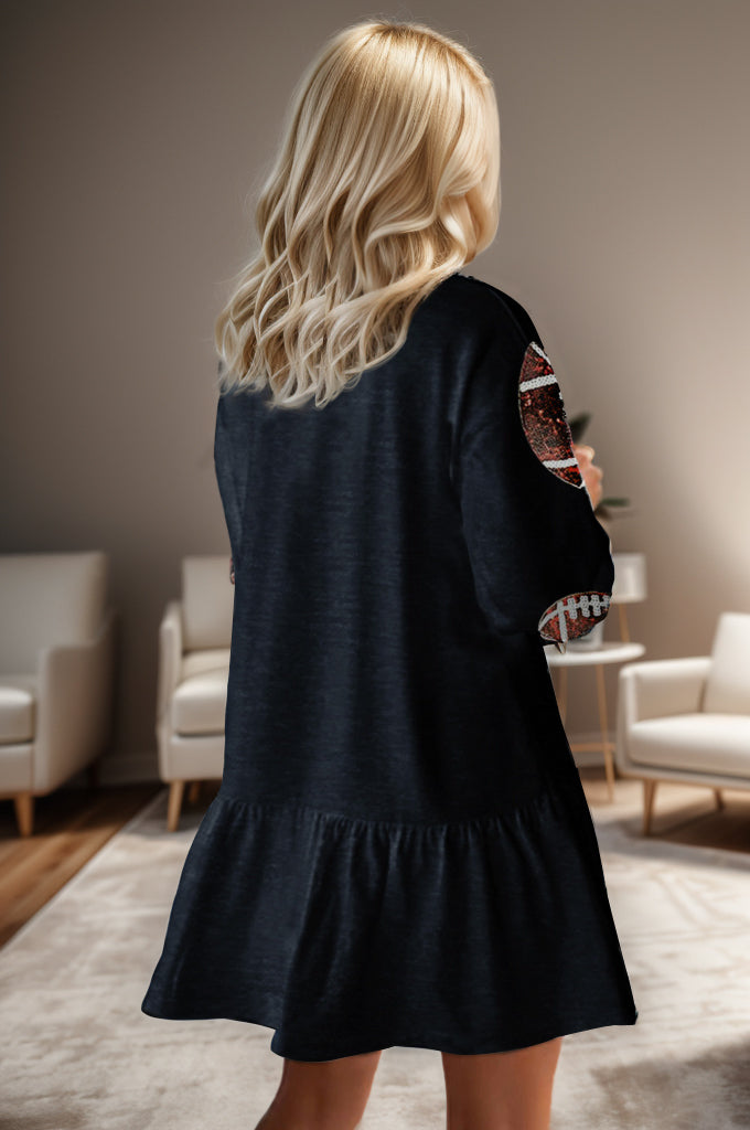 “The Football Babe” Sequin Round Neck Dropped Shoulder Mini Dress