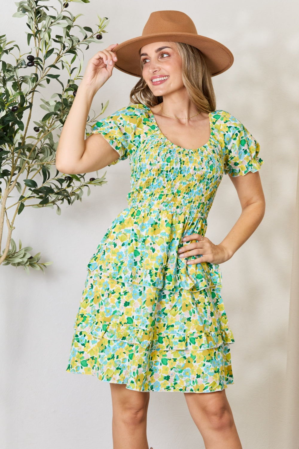 The Spring Flower Field Smocked Scoop Neck Flounce Sleeve Mini Dress