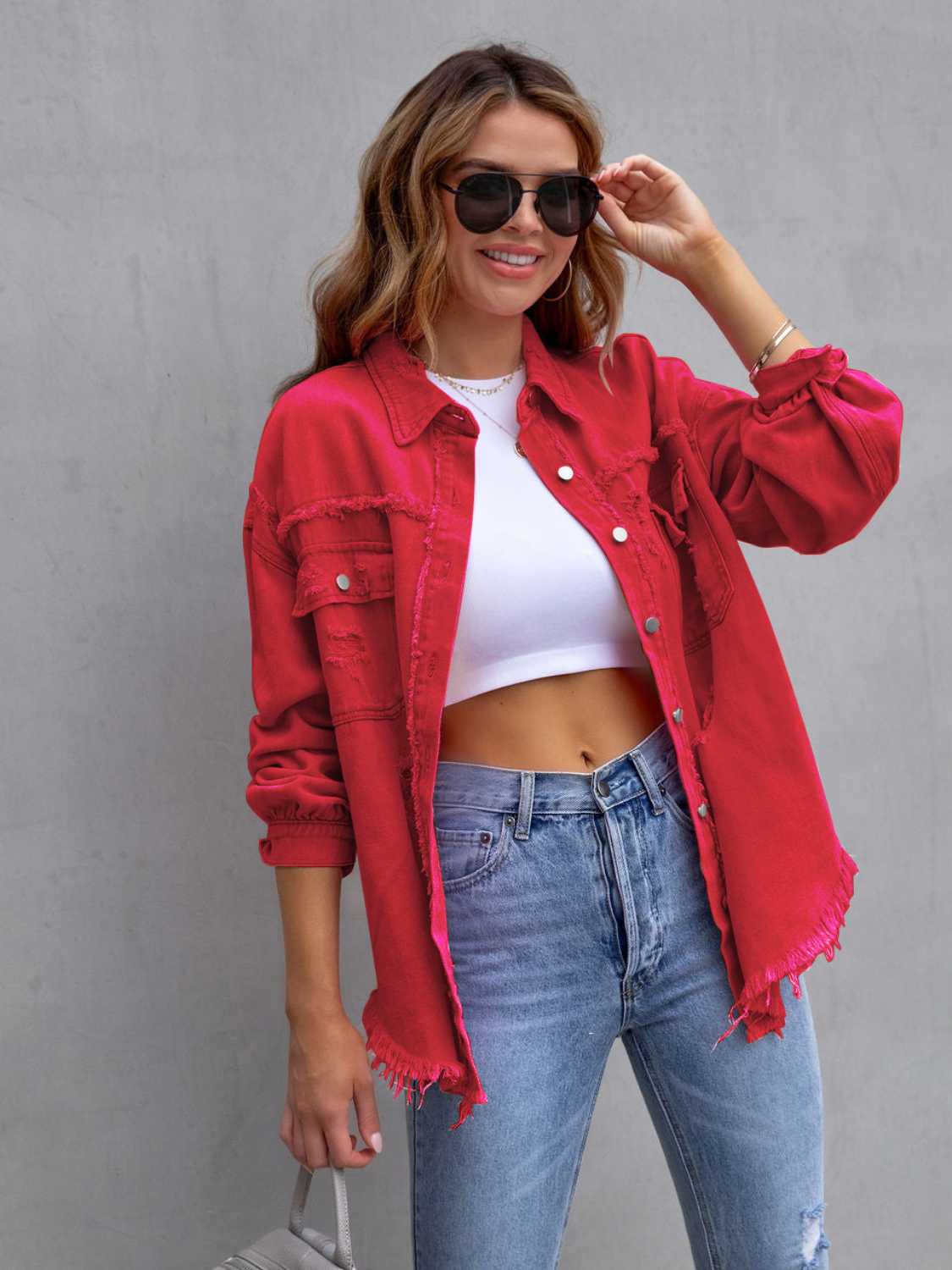 “The Colorette Distressed” Drop Shoulder Denim Jacket