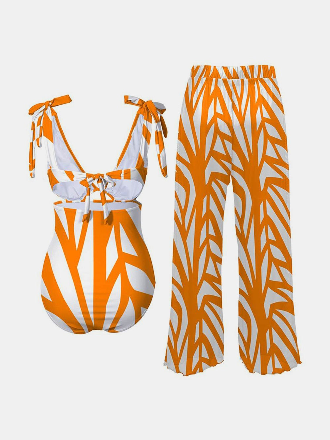 “The Poolchie” Printed Tie Shoulder Swimwear and Pants Swim Set