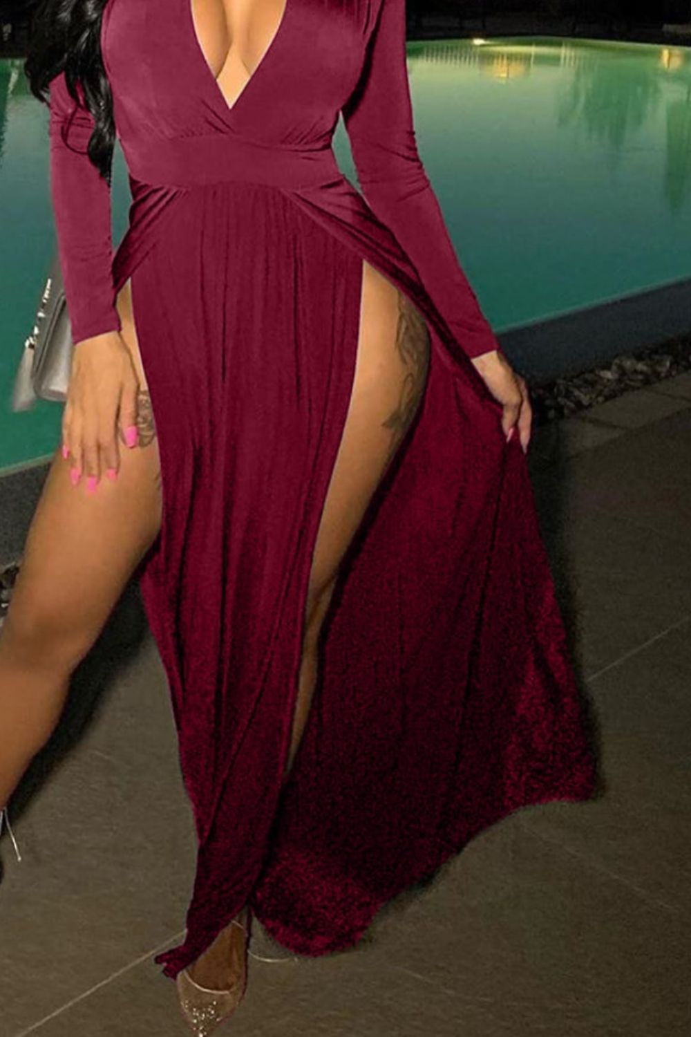 “The Quickie” Slit Plunge Long Sleeve Dress