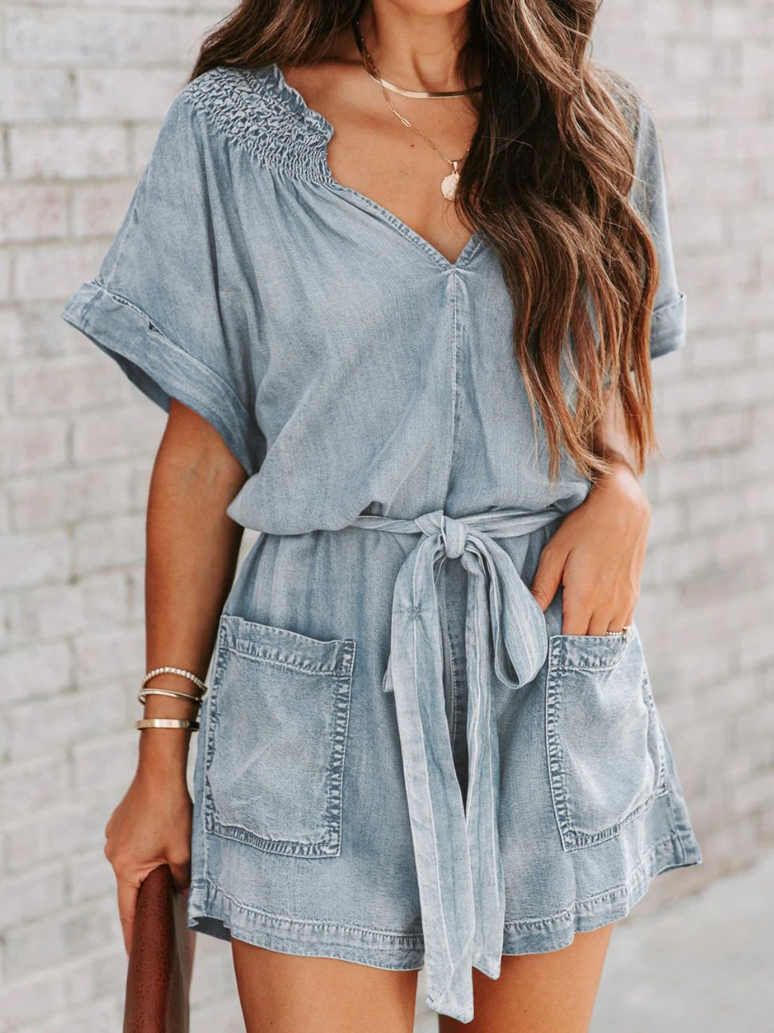 “The County Gal” Notched Tie Waist Denim Romper