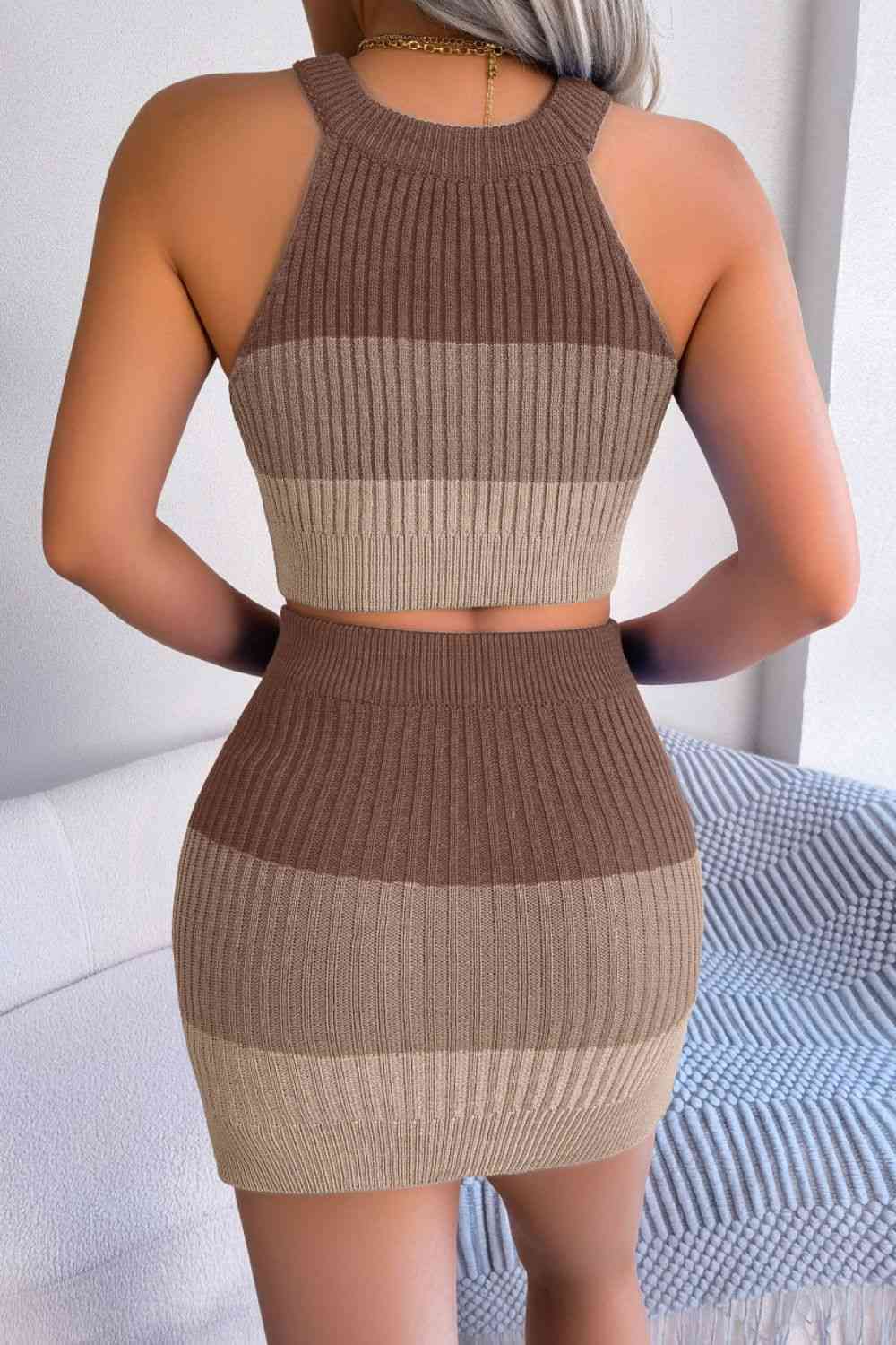 “The Blocklist” Color Block Sleeveless Crop Knit Top and Skirt Set