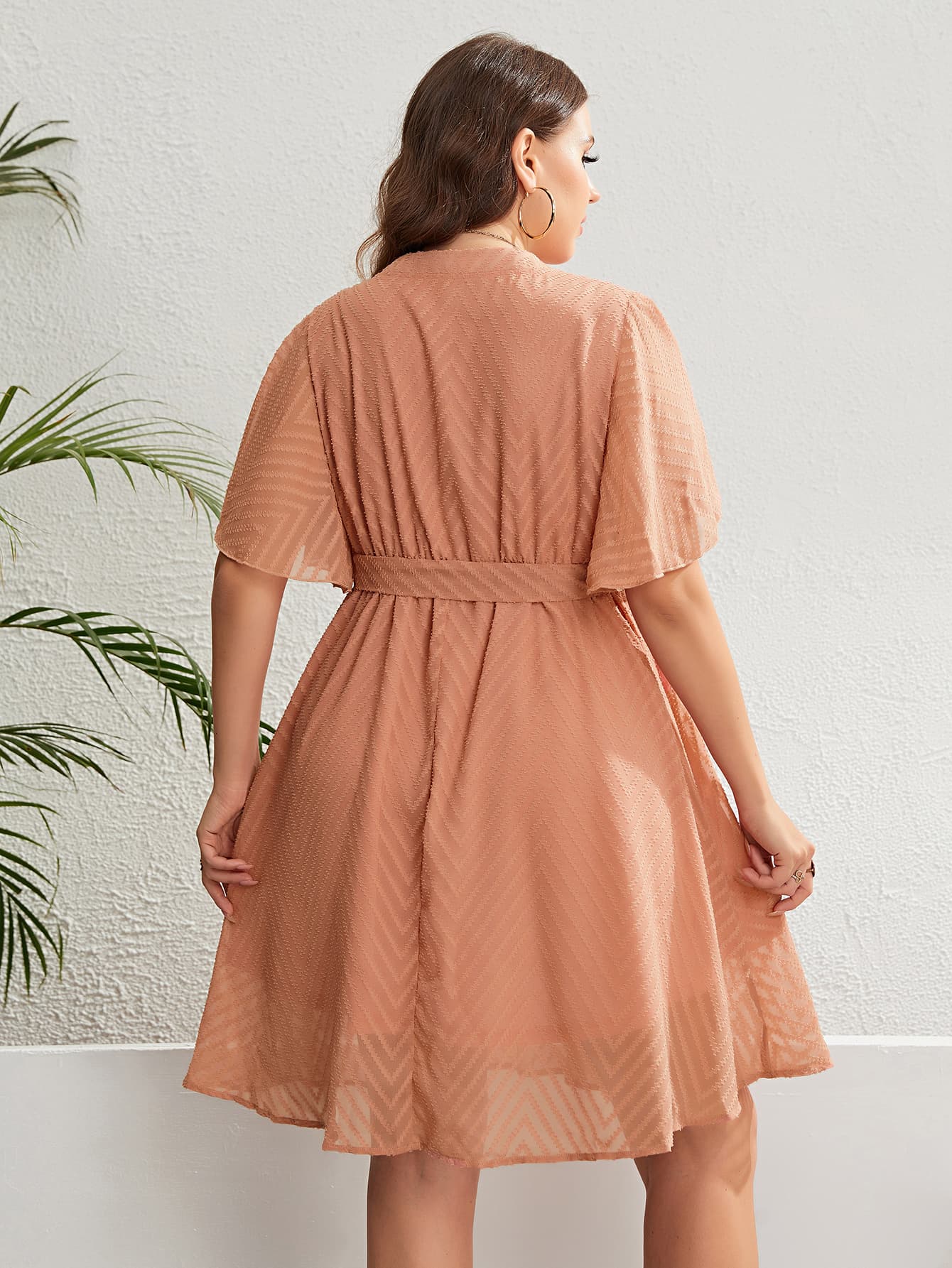 “The Blushed Beauty” Plus Size Tie Waist Notched Neck Flutter Sleeve Dress