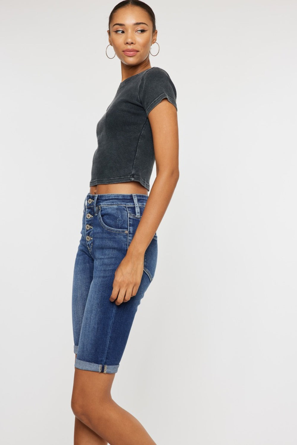 “The Oasis Palms” Full Size Cat's Whiskers Button Fly Denim Shorts