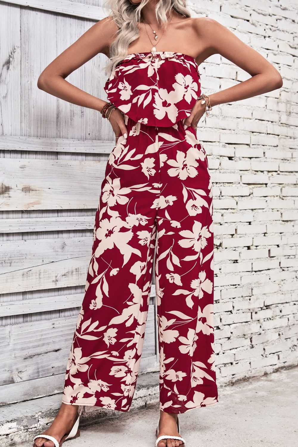 “The There She Goes” Floral Strapless Wide Leg Jumpsuit