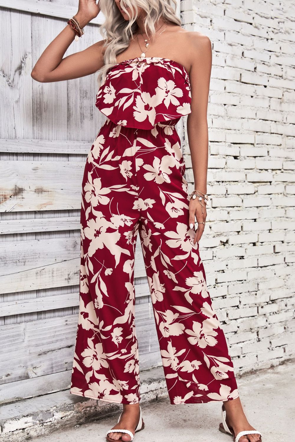 “The There She Goes” Floral Strapless Wide Leg Jumpsuit