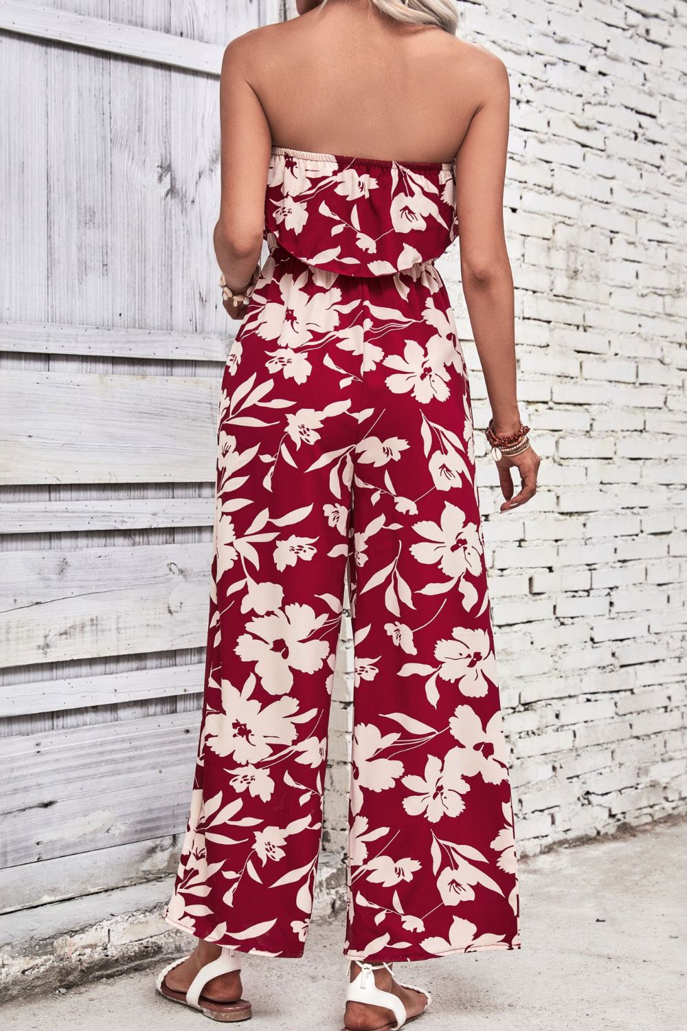 “The There She Goes” Floral Strapless Wide Leg Jumpsuit