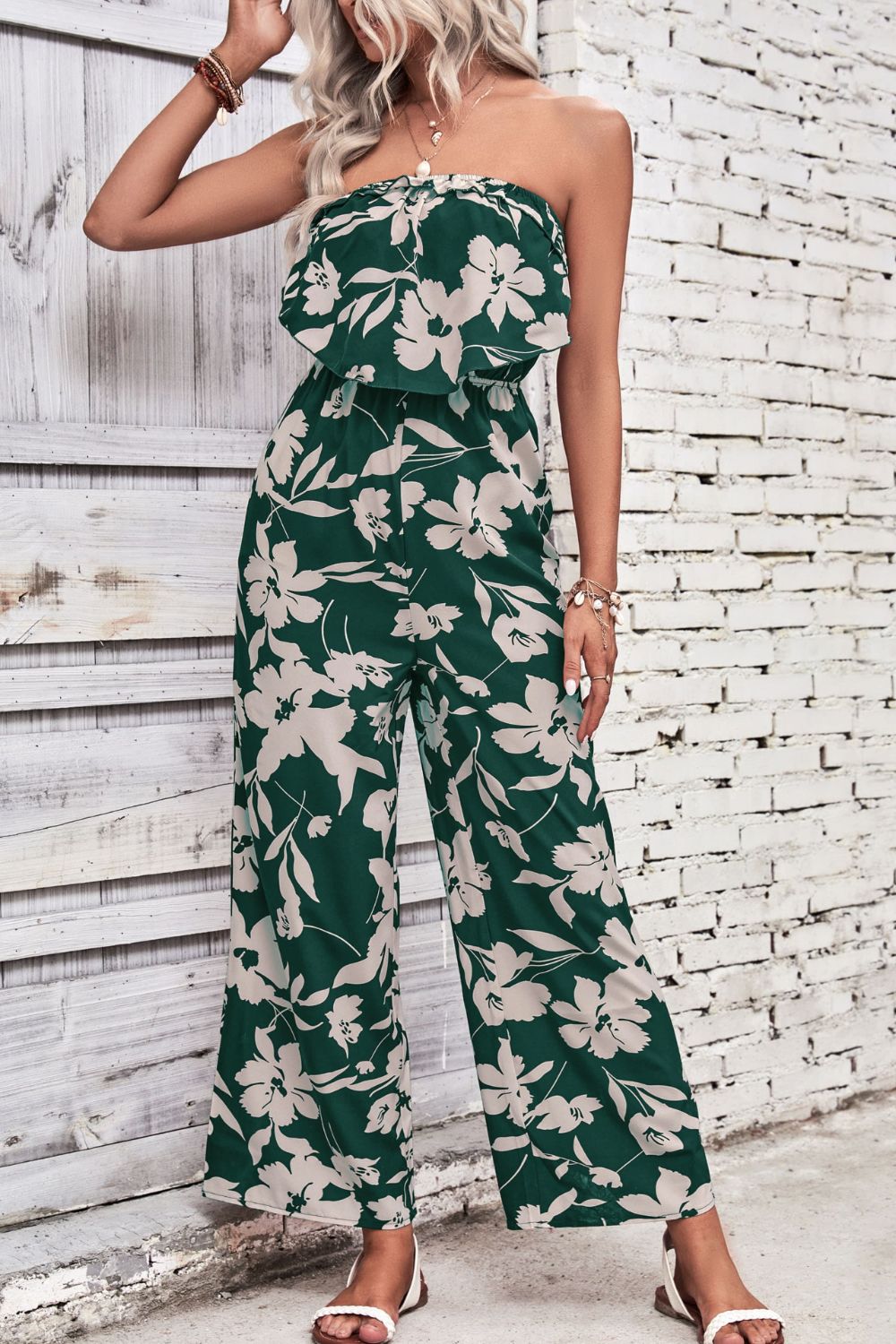 “The There She Goes” Floral Strapless Wide Leg Jumpsuit