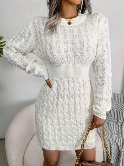 “The Sephra” Cable-Knit Round Neck Mini Wrap Sweater Dress