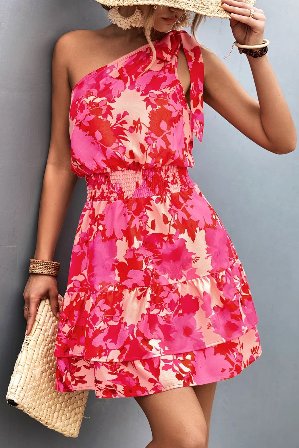 “The Tiered Jerker” Tied Smocked Printed Single Shoulder Dress