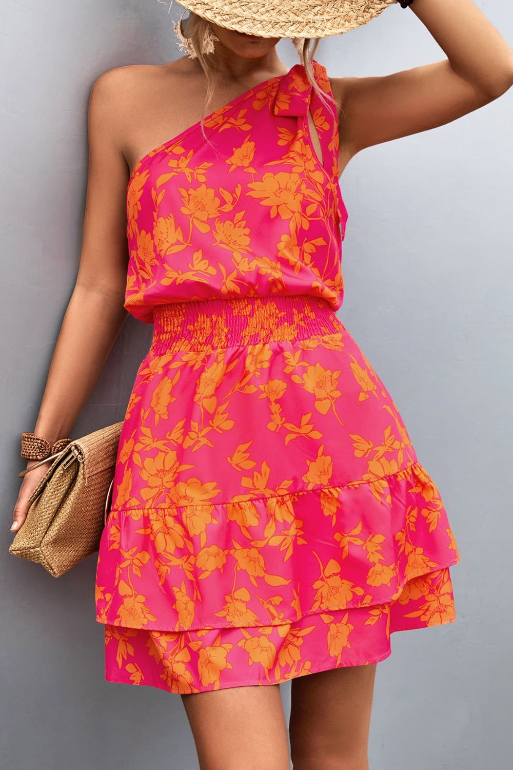 “The Tiered Jerker” Tied Smocked Printed Single Shoulder Dress