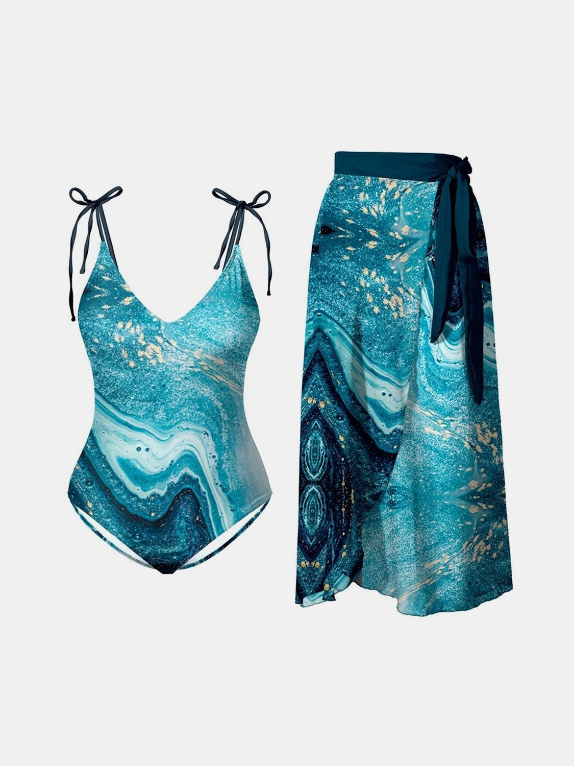 “The OceanTide” Printed Tie Shoulder Swimwear and Skirt Swim Set