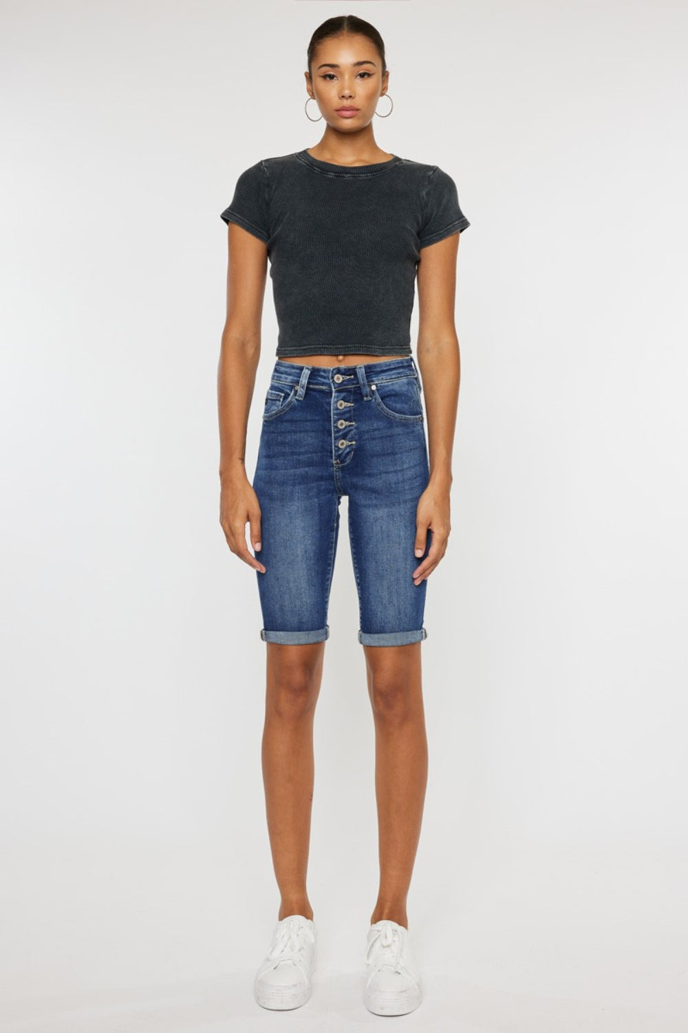 “The Oasis Palms” Full Size Cat's Whiskers Button Fly Denim Shorts