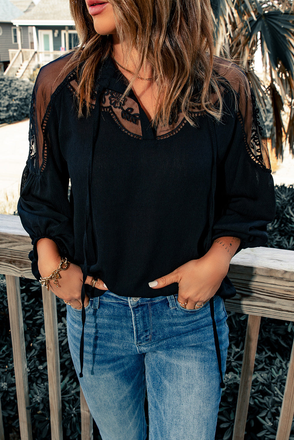 “The Baptism Beauty” Embroidered Tie-Neck Puff Sleeve Blouse