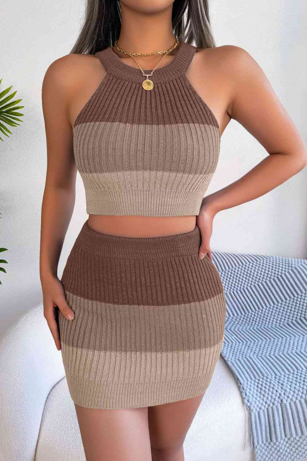 “The Blocklist” Color Block Sleeveless Crop Knit Top and Skirt Set