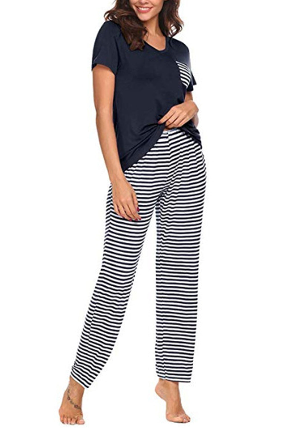 “The Stricker” Pocketed Short Sleeve Top and Striped Pants Lounge Set