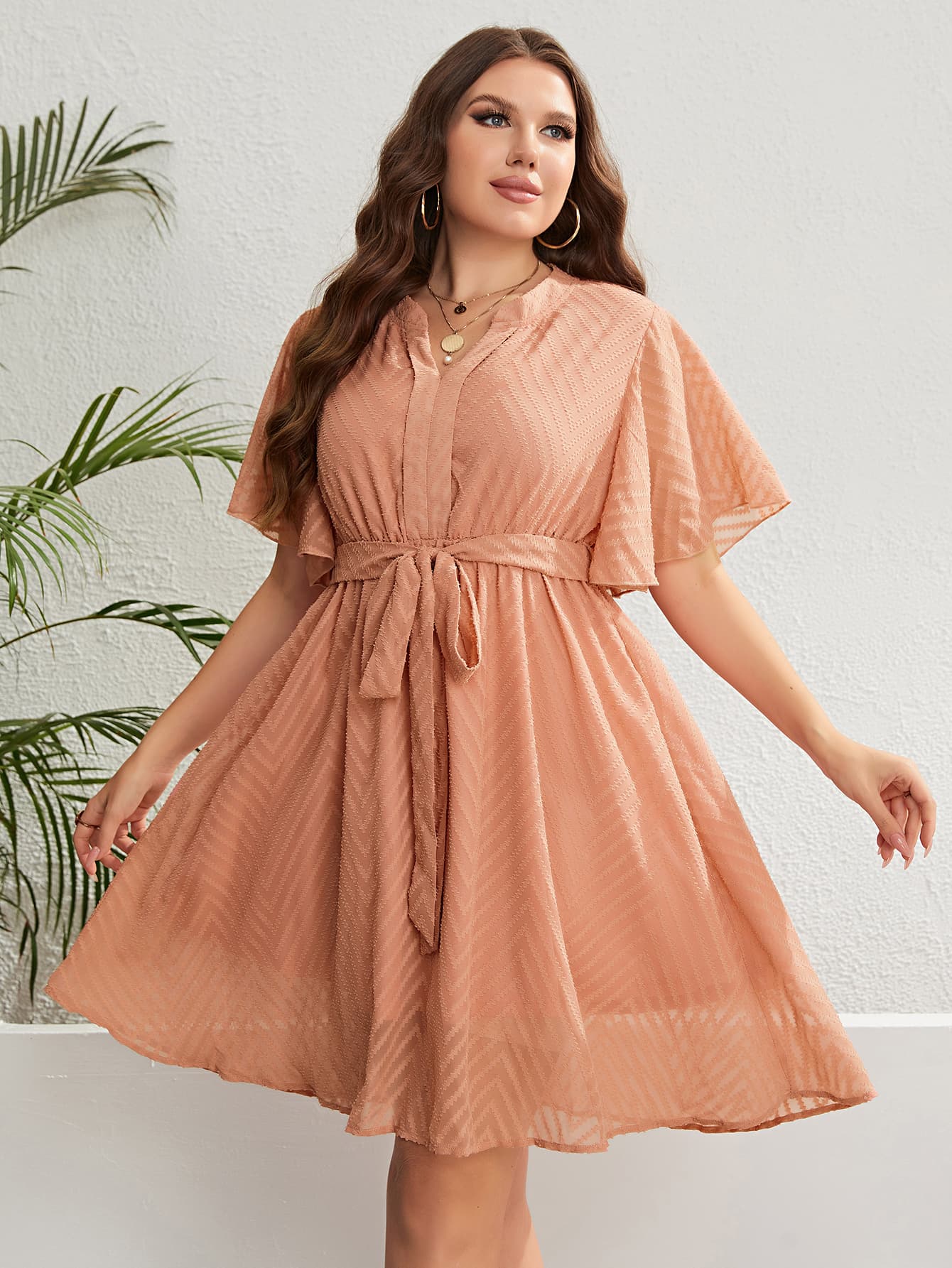 “The Blushed Beauty” Plus Size Tie Waist Notched Neck Flutter Sleeve Dress