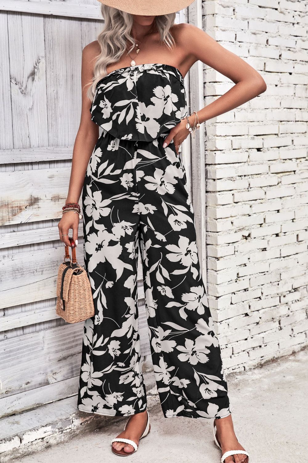 “The There She Goes” Floral Strapless Wide Leg Jumpsuit