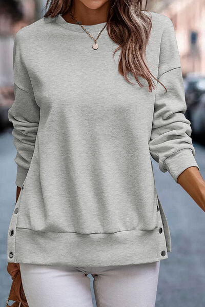 “The In A Snap” Detail Round Neck Dropped Shoulder Sweatshirt