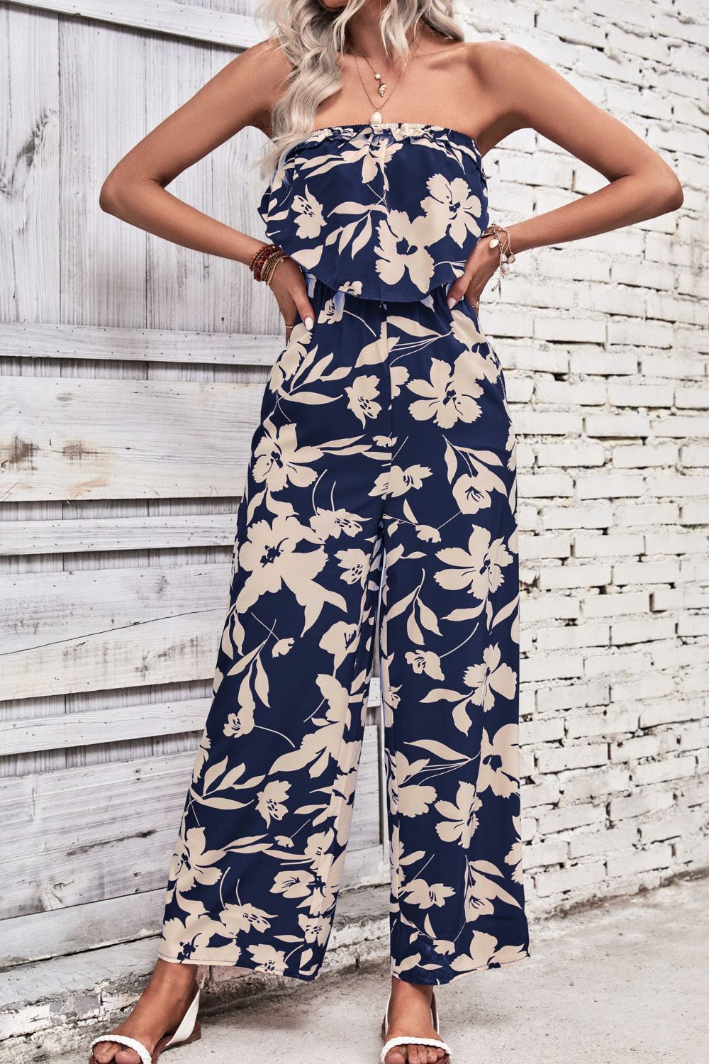 “The There She Goes” Floral Strapless Wide Leg Jumpsuit