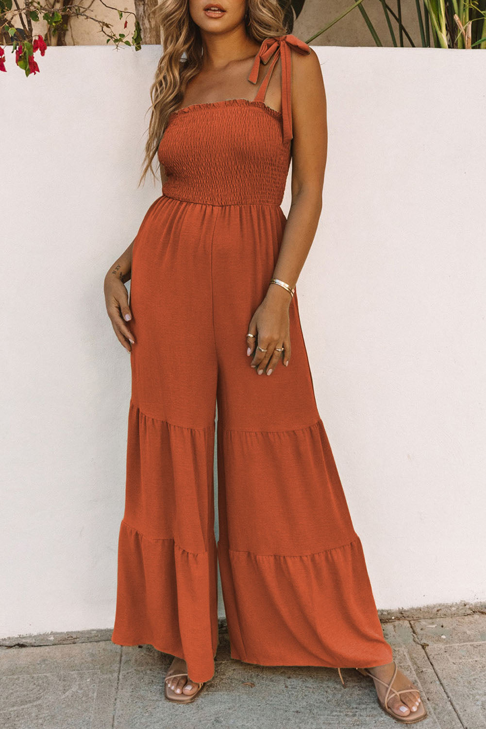 “The Cottage Cutie” Tie-Shoulder Smocked Tiered Jumpsuit