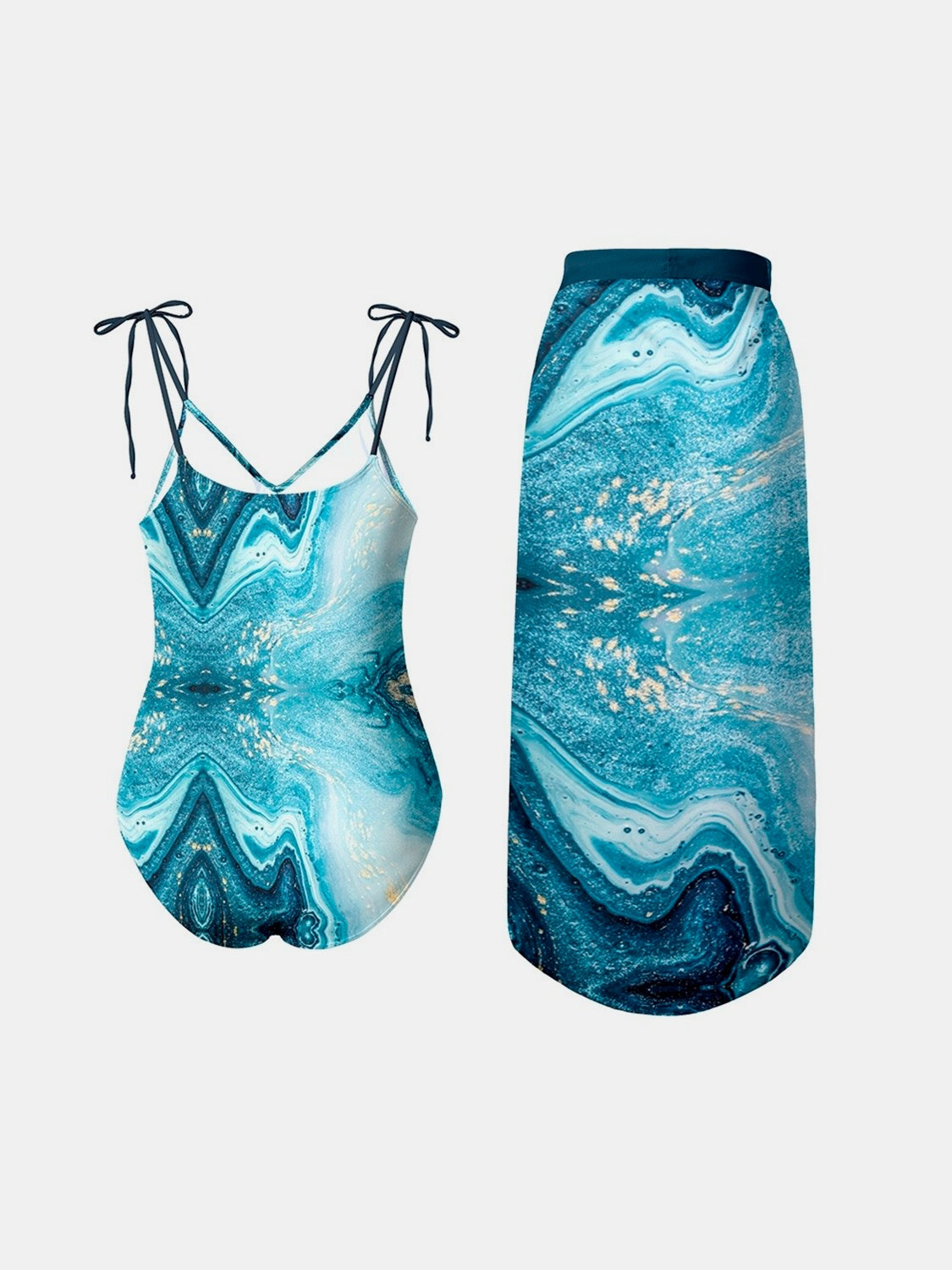 “The OceanTide” Printed Tie Shoulder Swimwear and Skirt Swim Set
