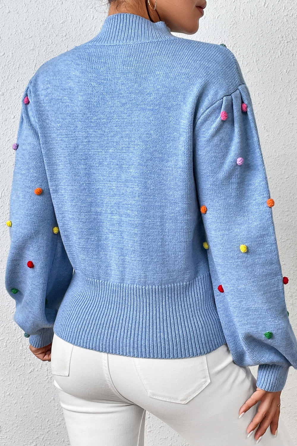 “The Rump Pom-Pom” Trim Mock Neck Long Sleeve Pullover Sweater