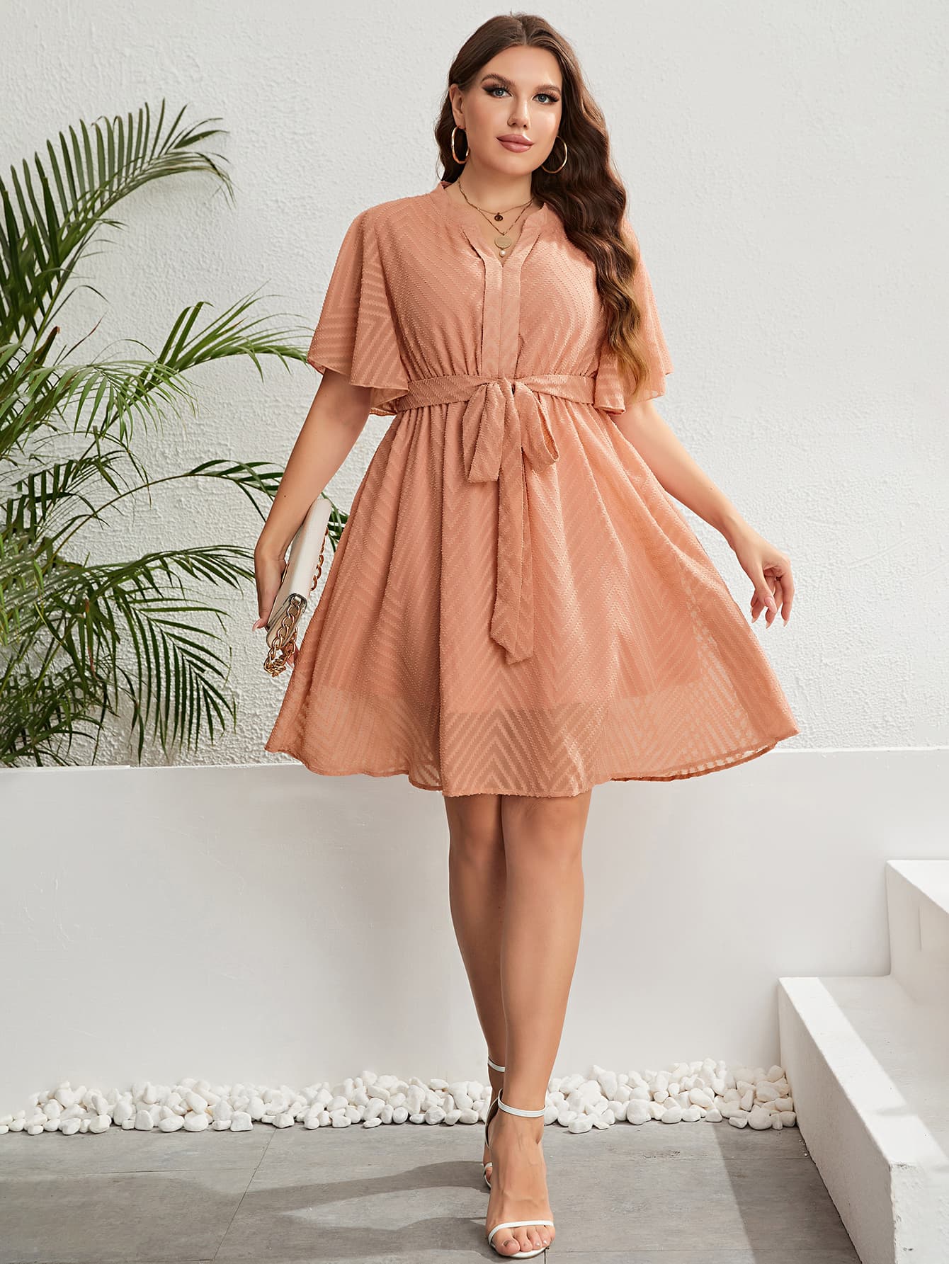 “The Blushed Beauty” Plus Size Tie Waist Notched Neck Flutter Sleeve Dress