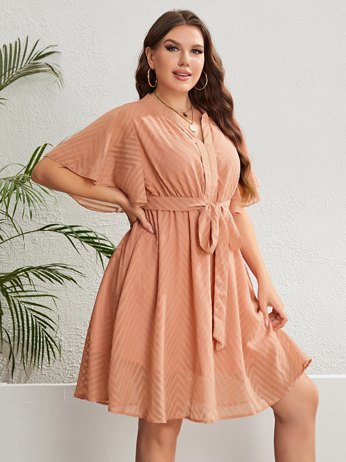 “The Blushed Beauty” Plus Size Tie Waist Notched Neck Flutter Sleeve Dress
