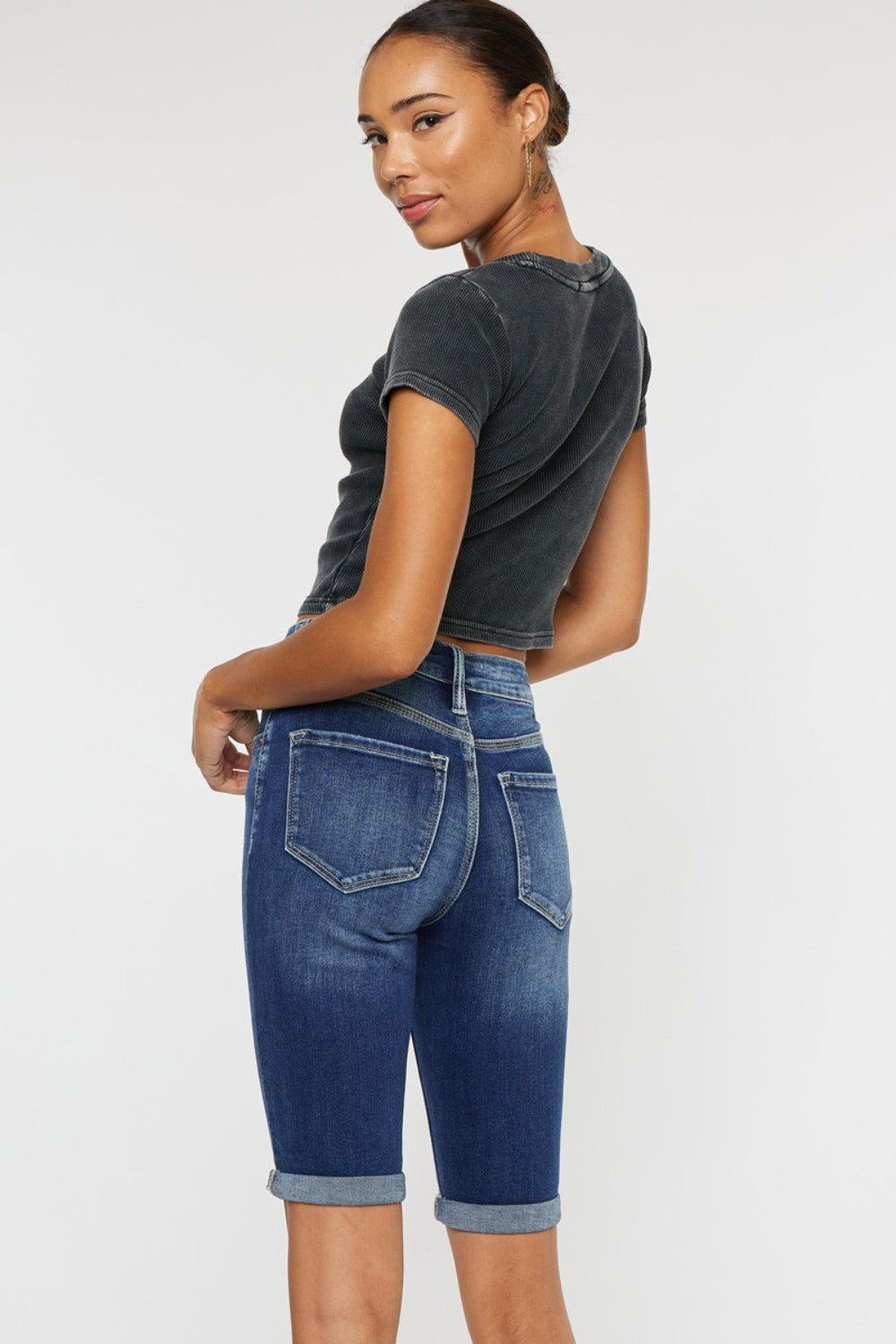 “The Oasis Palms” Full Size Cat's Whiskers Button Fly Denim Shorts